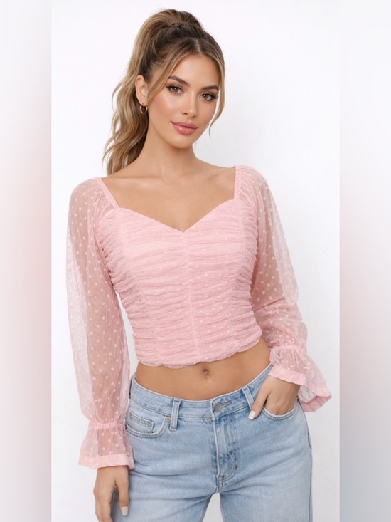 Tops - Pink Polka Dot Ruched Mesh Crop Top Sheer Sweetheart Feminine Romantic Y2K 90s S